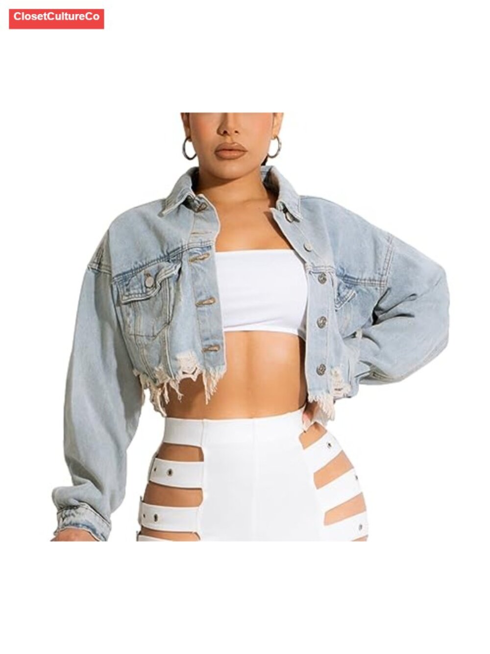 Women's Cropped Denim Jacket Button Up Ripped Distressed Frayed Hem Cotton